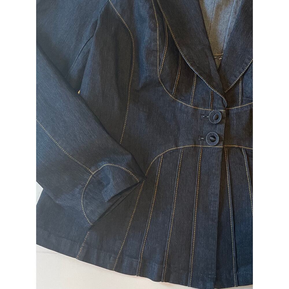 Bisou Bisou Blue Denim Blazer Jacket Sz L Contrast Stitching Pintucks Stretch - Picture 6 of 10